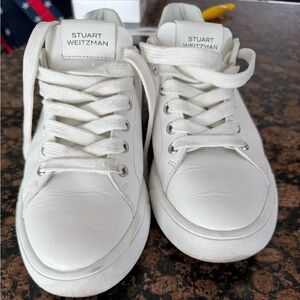 Stuart Weitzman Classic White Lace-Up Leather Sneakers